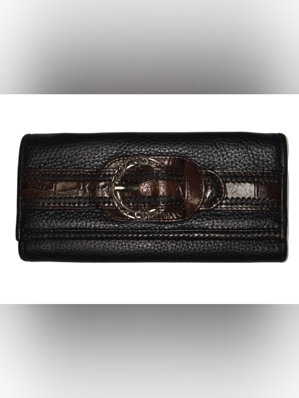 BRIGHTON Black Brown Leather Wallet Clutch Buckle Front Fold Over Back Zip Pocke